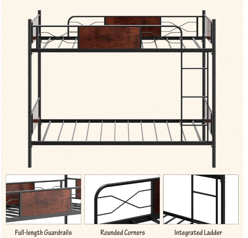 Coast Metalen Stapelbedframe - 2-in-1, Hout-look & 30 cm Veiligheidsreling - L 198 x B 95 x H 156 cm - Metaal/MDF - Zwart/Bruin