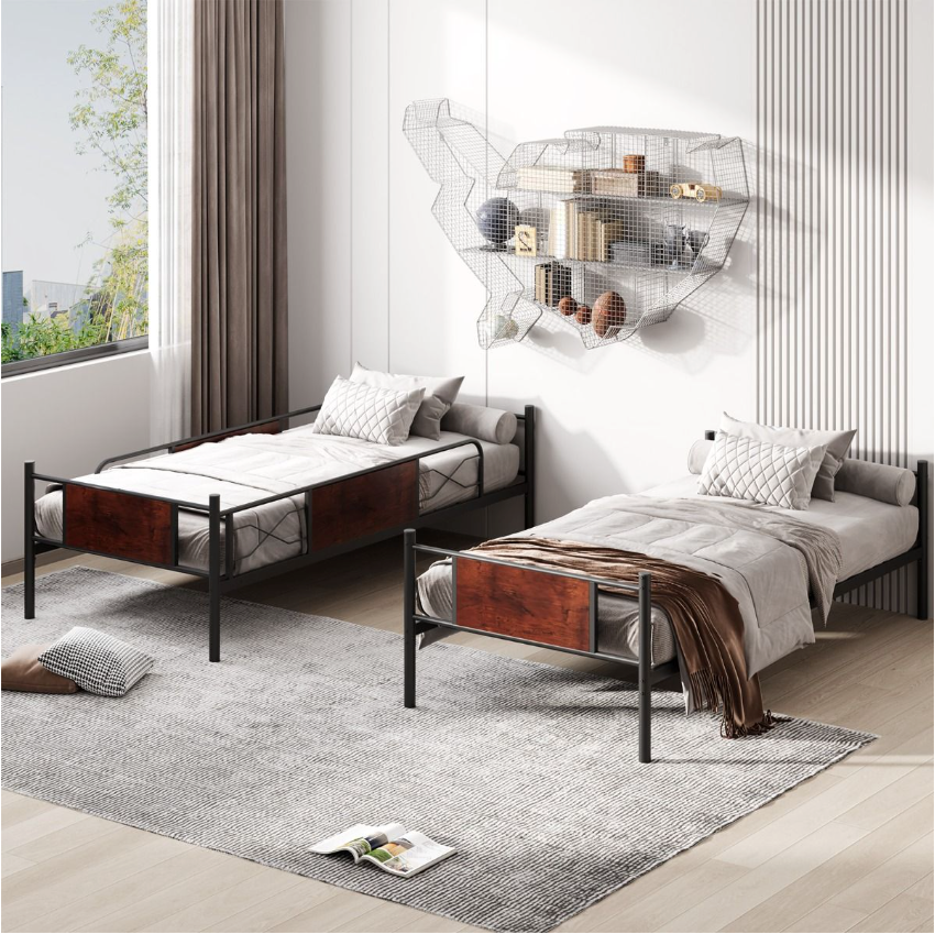 Coast Metalen Stapelbedframe - 2-in-1, Hout-look & 30 cm Veiligheidsreling - L 198 x B 95 x H 156 cm - Metaal/MDF - Zwart/Bruin