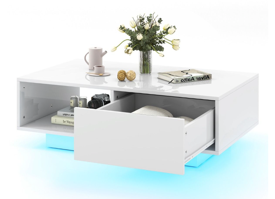 Coast LED Salontafel Hoogglans - Met Afstandsbediening, Lade & Open Vak - 95 x 55 x 31 cm - MDF/Houtcomposiet - Wit