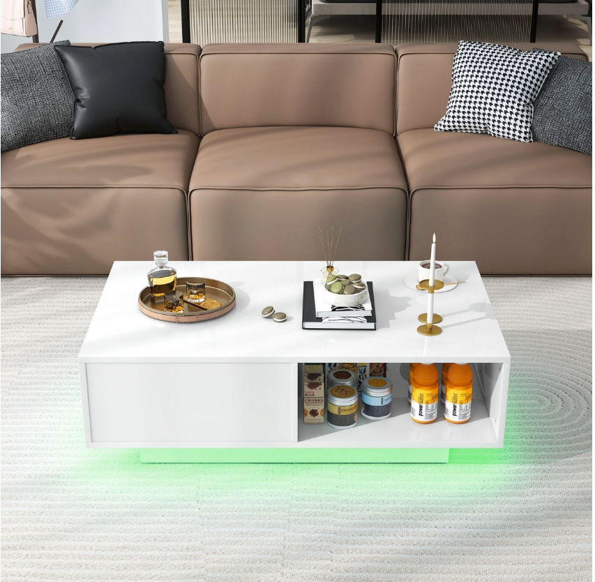 Coast LED Salontafel Hoogglans - Met Afstandsbediening, Lade & Open Vak - 95 x 55 x 31 cm - MDF/Houtcomposiet - Wit