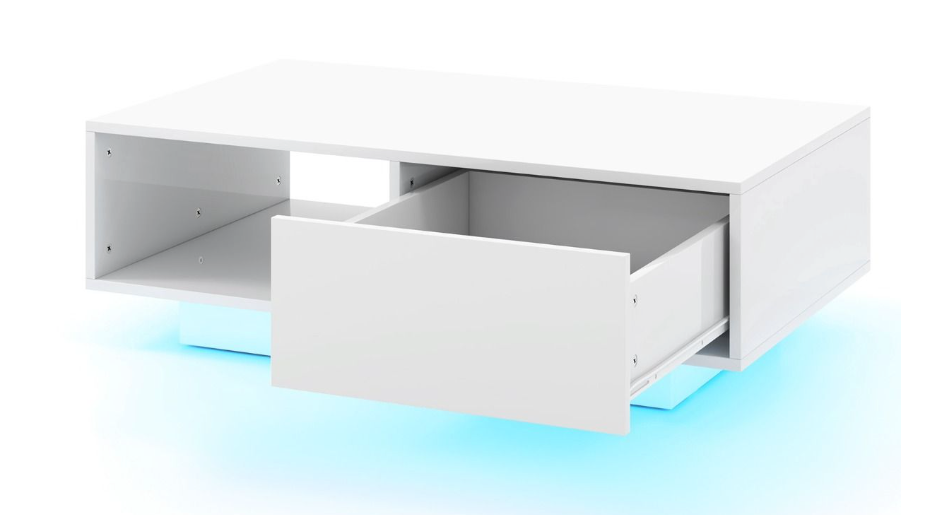 Coast LED Salontafel Hoogglans - Met Afstandsbediening, Lade & Open Vak - 95 x 55 x 31 cm - MDF/Houtcomposiet - Wit