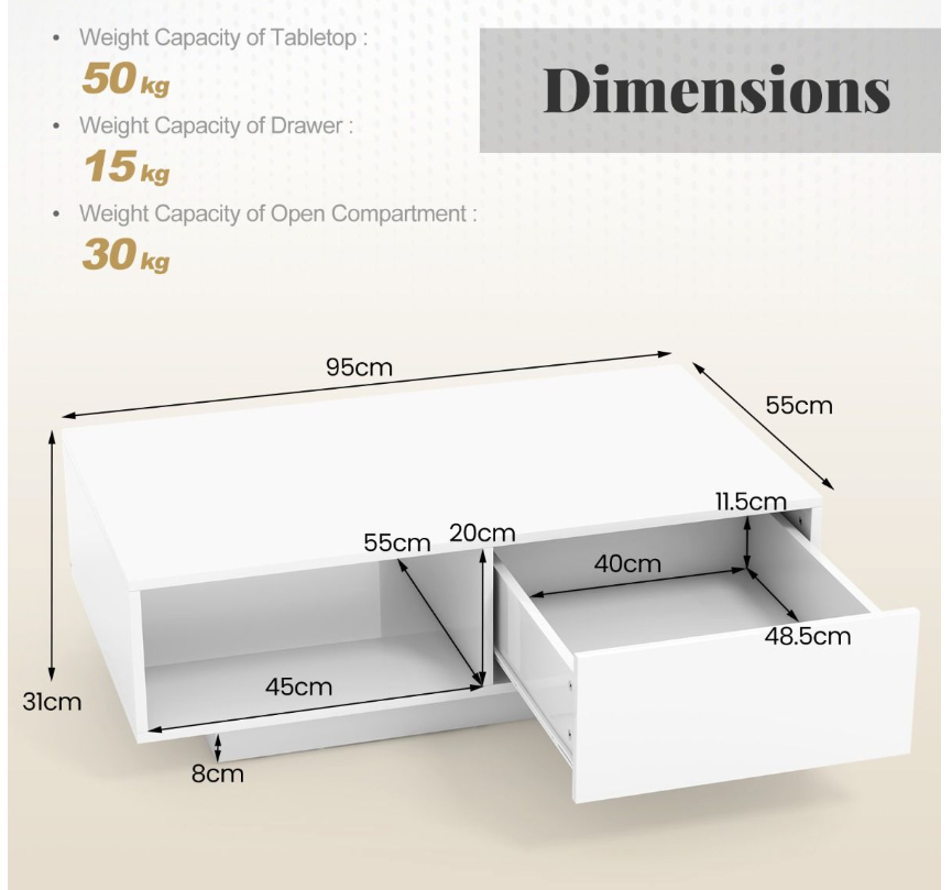 Coast LED Salontafel Hoogglans - Met Afstandsbediening, Lade & Open Vak - 95 x 55 x 31 cm - MDF/Houtcomposiet - Wit