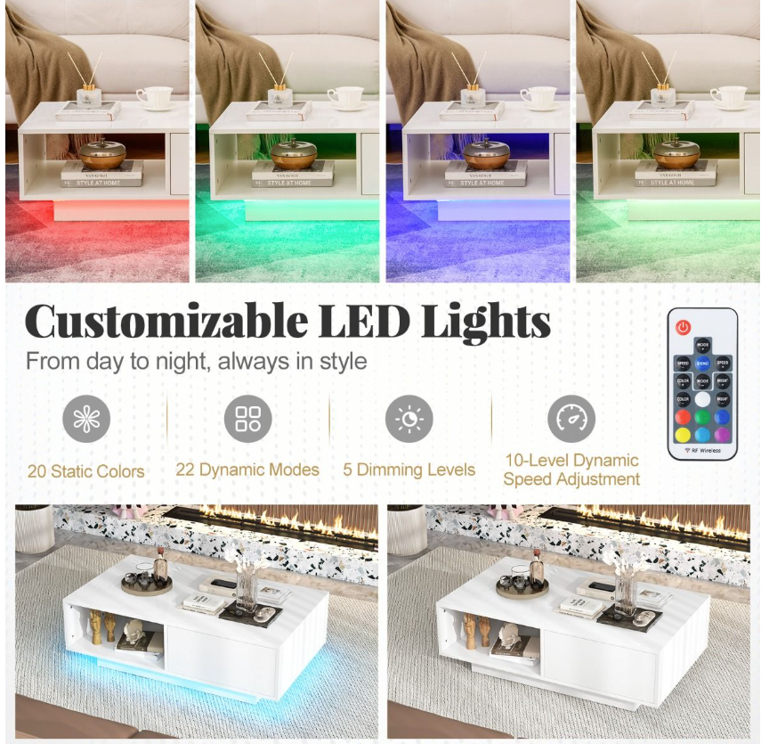 Coast LED Salontafel Hoogglans - Met Afstandsbediening, Lade & Open Vak - 95 x 55 x 31 cm - MDF/Houtcomposiet - Wit
