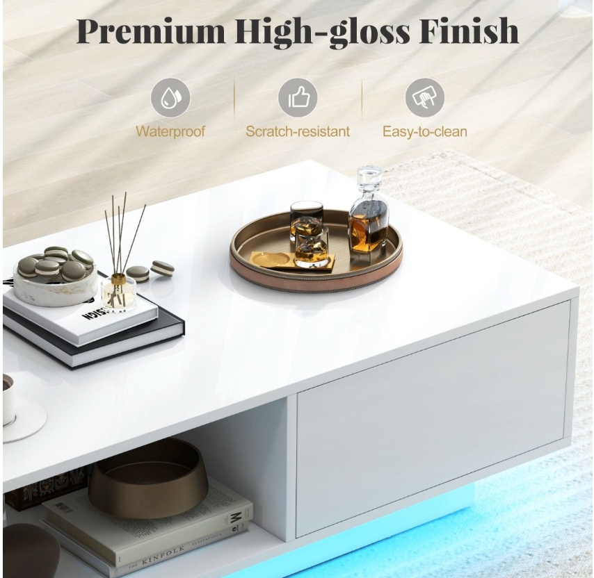 Coast LED Salontafel Hoogglans - Met Afstandsbediening, Lade & Open Vak - 95 x 55 x 31 cm - MDF/Houtcomposiet - Wit