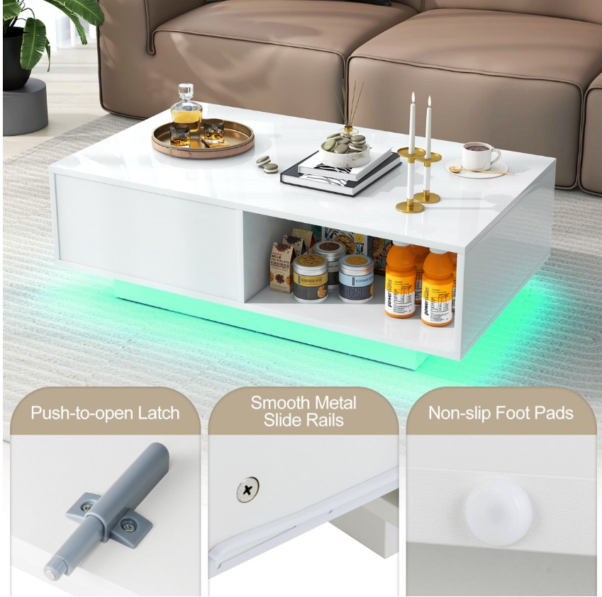 Coast LED Salontafel Hoogglans - Met Afstandsbediening, Lade & Open Vak - 95 x 55 x 31 cm - MDF/Houtcomposiet - Wit