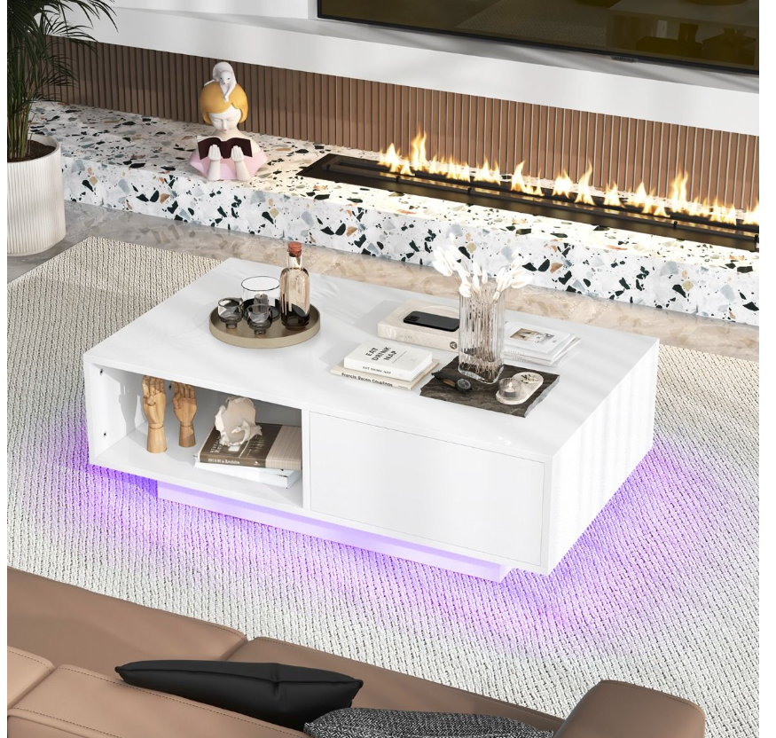 Coast LED Salontafel Hoogglans - Met Afstandsbediening, Lade & Open Vak - 95 x 55 x 31 cm - MDF/Houtcomposiet - Wit