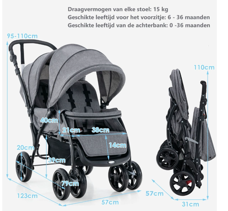 Coast Dubbele Kinderwagen - Opvouwbaar, 5-punts Gordel - 123 x 57 x 95-110 cm - Metaal/Oxford-doek - Grijs