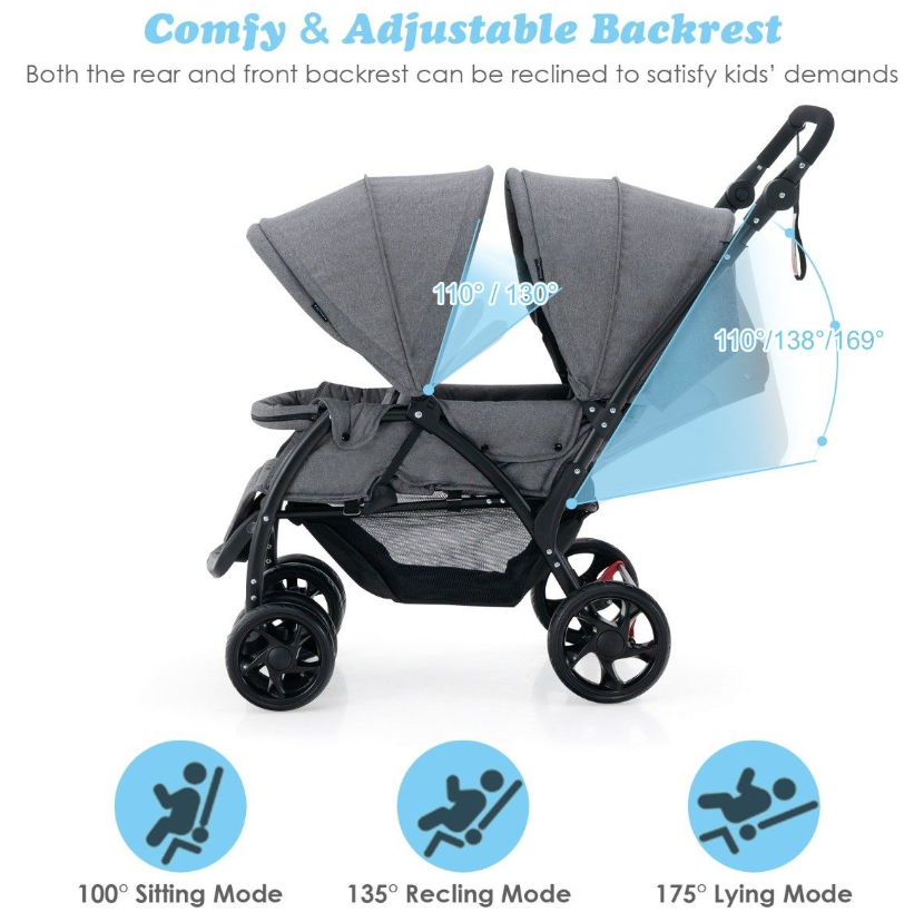 Coast Dubbele Kinderwagen - Opvouwbaar, 5-punts Gordel - 123 x 57 x 95-110 cm - Metaal/Oxford-doek - Grijs