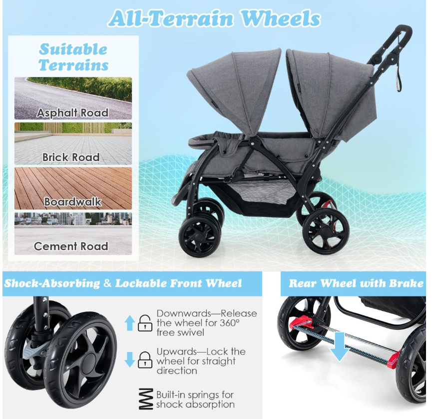 Coast Dubbele Kinderwagen - Opvouwbaar, 5-punts Gordel - 123 x 57 x 95-110 cm - Metaal/Oxford-doek - Grijs