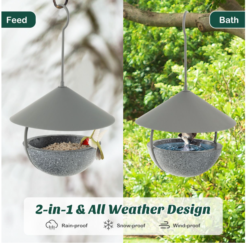 Coast Vogelvoederhuis Vogelbad - 2-in-1 Dispenser, Hangend - Ø 15,5 x H 35 cm - Hars/Metaal - Grijs
