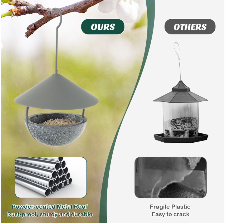 Coast Vogelvoederhuis Vogelbad - 2-in-1 Dispenser, Hangend - Ø 15,5 x H 35 cm - Hars/Metaal - Grijs