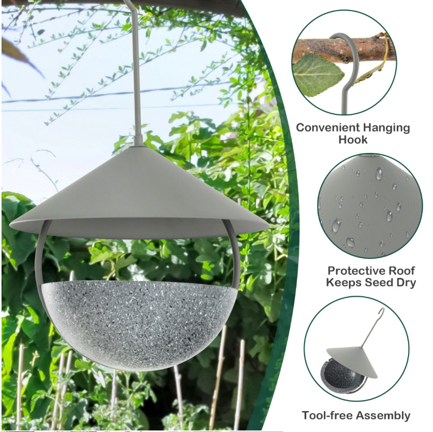 Coast Vogelvoederhuis Vogelbad - 2-in-1 Dispenser, Hangend - Ø 15,5 x H 35 cm - Hars/Metaal - Grijs