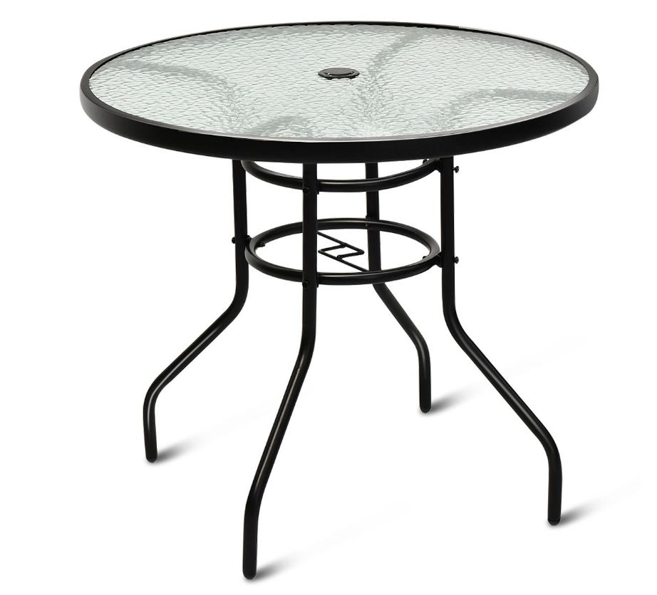 Coast Bistrotafel / Terrastafel - Ø 81 cm, Met Paraplugat, Weerbestendig, 80 kg Belastbaar - Gehard Glas/Ijzer - Zwart
