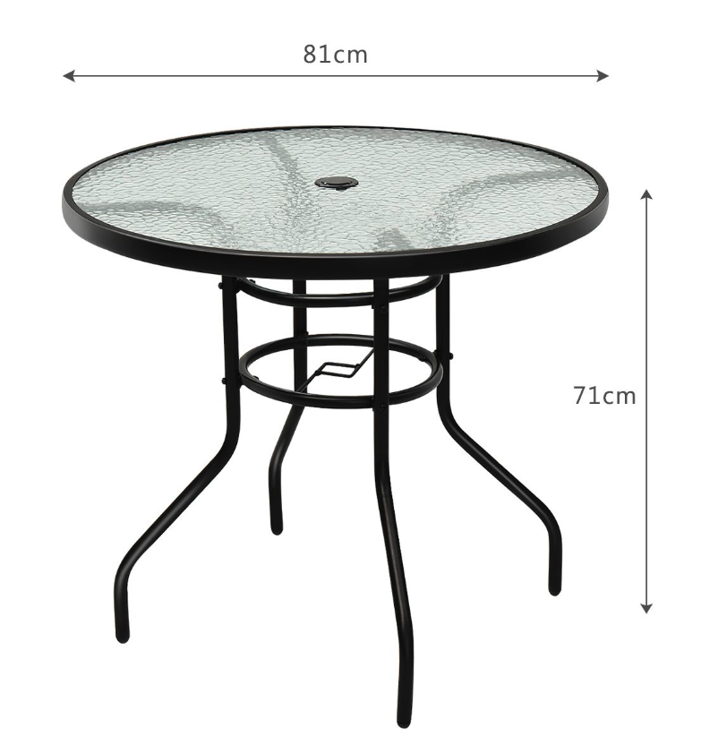 Coast Bistrotafel / Terrastafel - Ø 81 cm, Met Paraplugat, Weerbestendig, 80 kg Belastbaar - Gehard Glas/Ijzer - Zwart