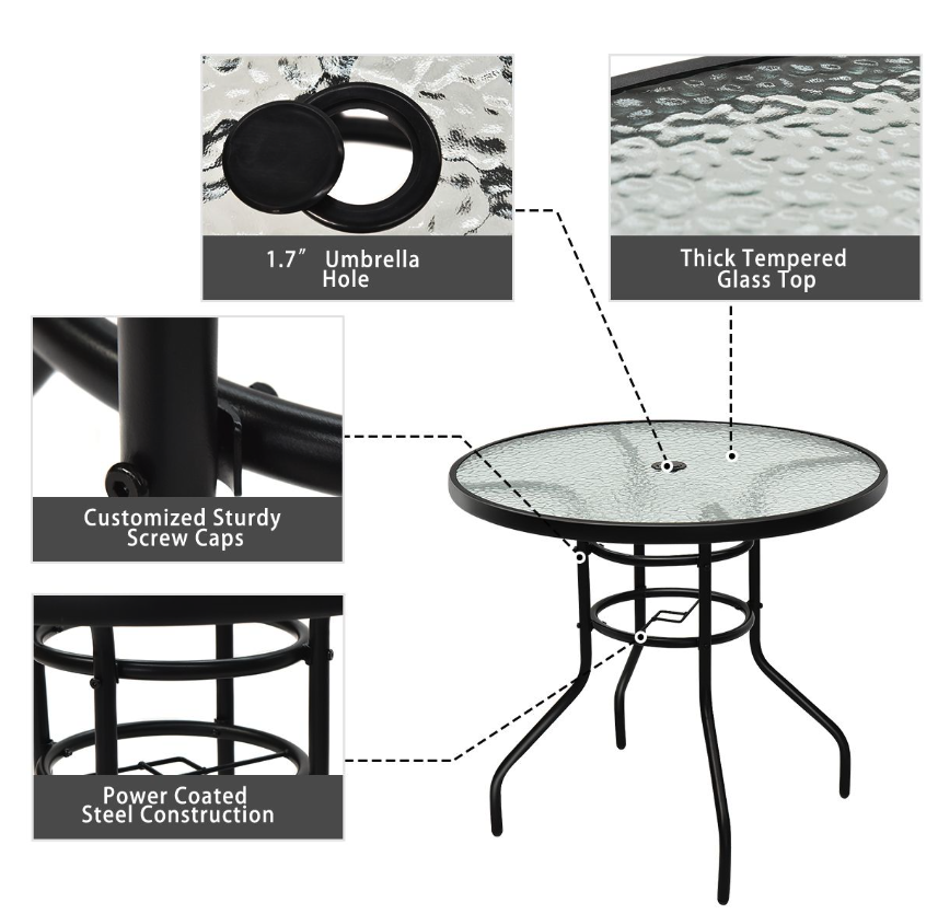 Coast Bistrotafel / Terrastafel - Ø 81 cm, Met Paraplugat, Weerbestendig, 80 kg Belastbaar - Gehard Glas/Ijzer - Zwart