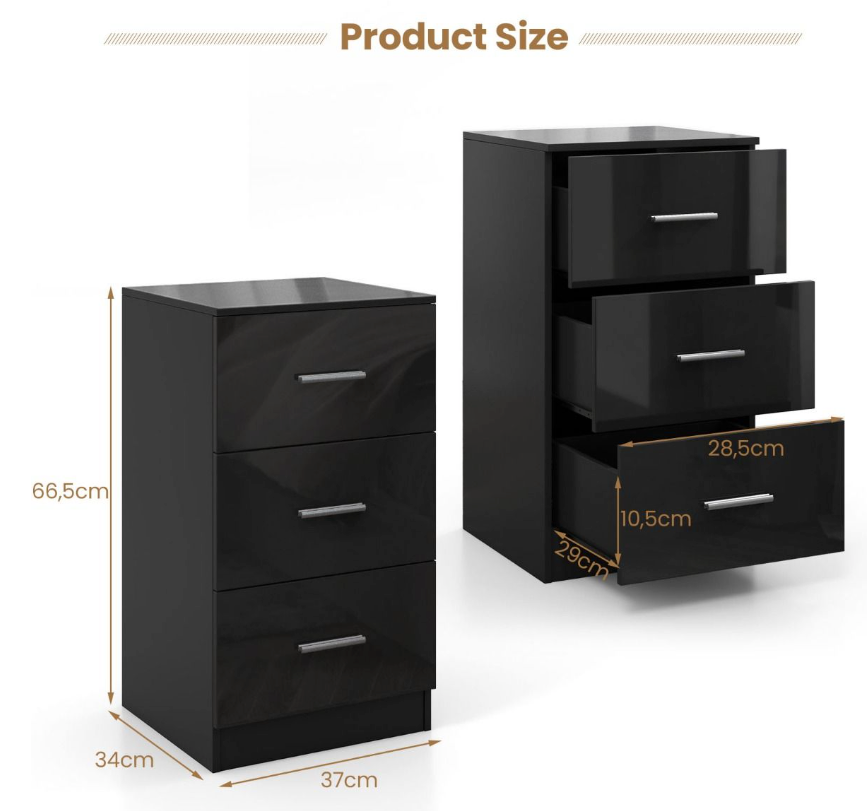 Coast - Dossierkast Met 3 Laden - 37,1 x 34,2 x 66,5 cm - Zwart & Hout Composiet - 55 kg Draagvermogen - Voor Kantoor & Thuiswerkplek