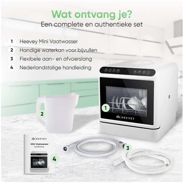 Heevey - Mini Vaatwasser & Campingvaatwasser - Wit & Kunststof - 5 Wasprogramma's - Vrijstaand - Inclusief Sterilisatiesysteem