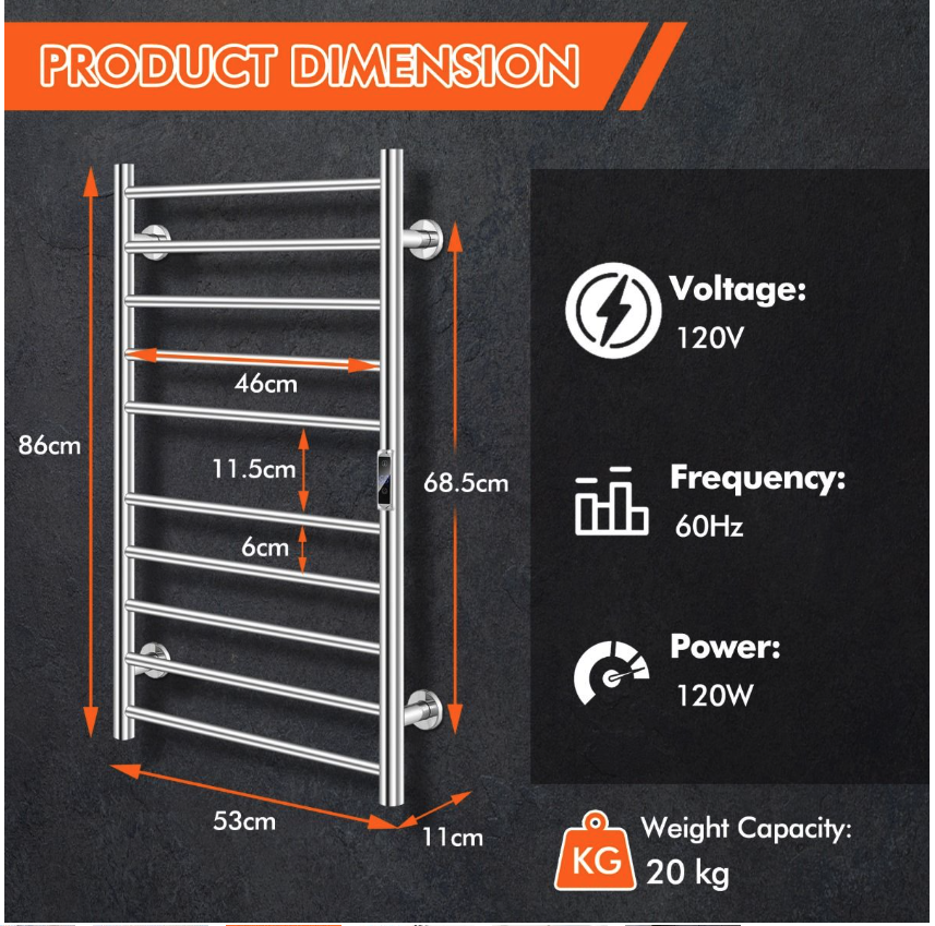 Coast - Handdoekenwarmer Elektrisch - 53 x 11 x 86 cm - Zilver & Roestvrij Staal - 120 W Vermogen - Met LED-display & 8 Uur Timer - Wandmontage
