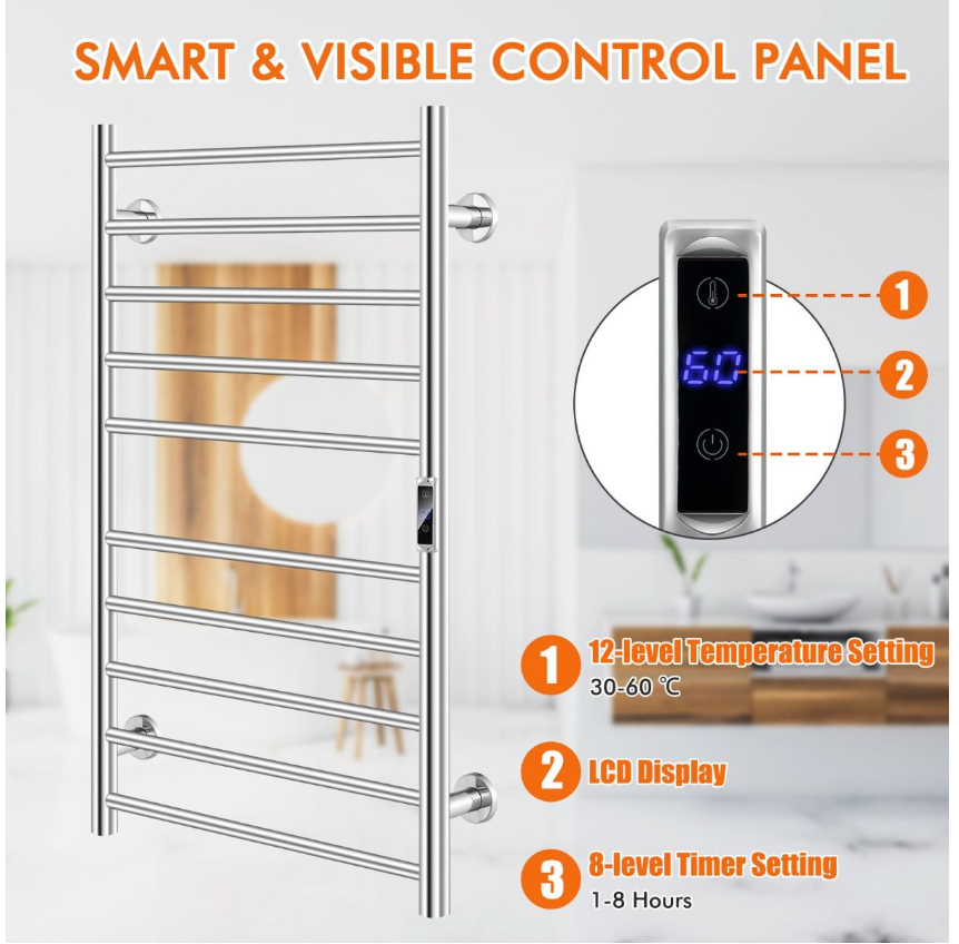 Coast - Handdoekenwarmer Elektrisch - 53 x 11 x 86 cm - Zilver & Roestvrij Staal - 120 W Vermogen - Met LED-display & 8 Uur Timer - Wandmontage