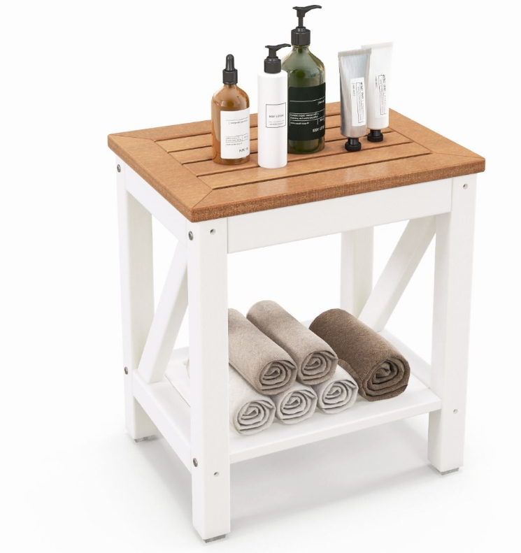 Coast - Douchebank & Badkamerbank - 43 x 32 x 47 cm - Bruin & Wit - Waterdicht Met Opbergplank - Ergonomisch Design - Voor Badkamer & Wellness