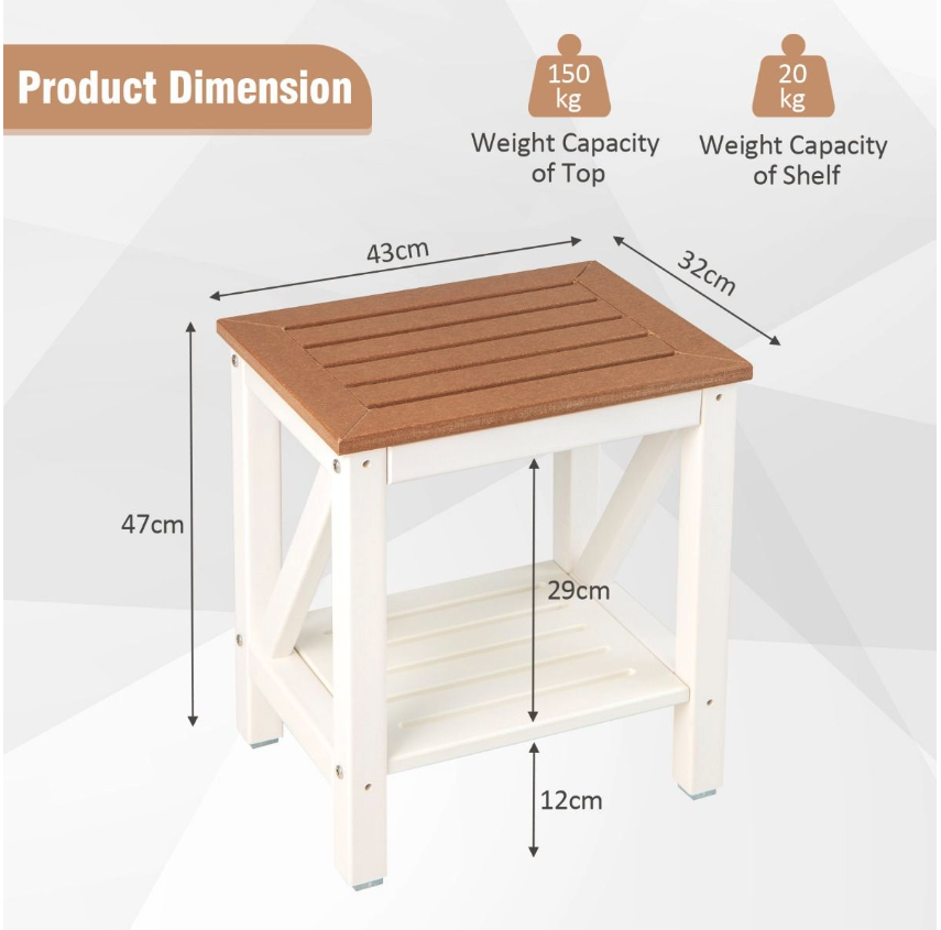 Coast - Douchebank & Badkamerbank - 43 x 32 x 47 cm - Bruin & Wit - Waterdicht Met Opbergplank - Ergonomisch Design - Voor Badkamer & Wellness