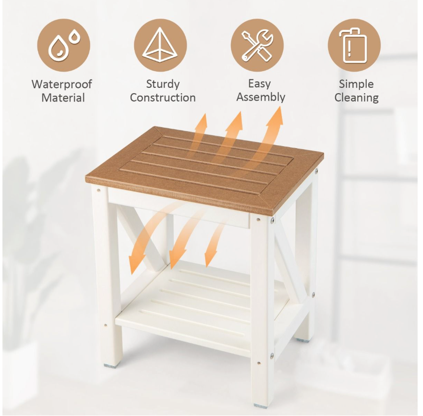 Coast - Douchebank & Badkamerbank - 43 x 32 x 47 cm - Bruin & Wit - Waterdicht Met Opbergplank - Ergonomisch Design - Voor Badkamer & Wellness