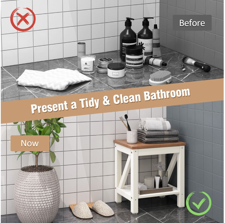Coast - Douchebank & Badkamerbank - 43 x 32 x 47 cm - Bruin & Wit - Waterdicht Met Opbergplank - Ergonomisch Design - Voor Badkamer & Wellness