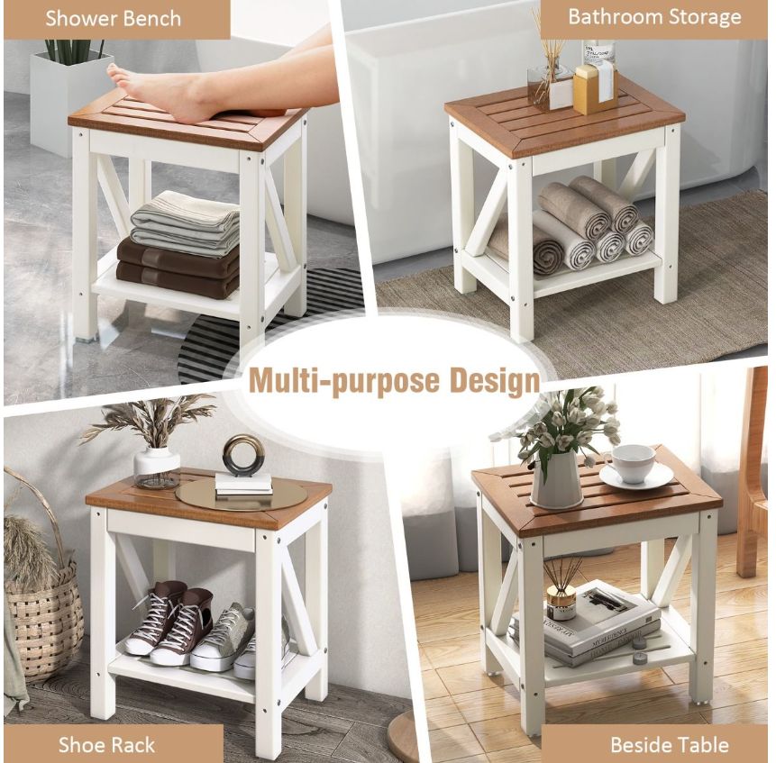 Coast - Douchebank & Badkamerbank - 43 x 32 x 47 cm - Bruin & Wit - Waterdicht Met Opbergplank - Ergonomisch Design - Voor Badkamer & Wellness