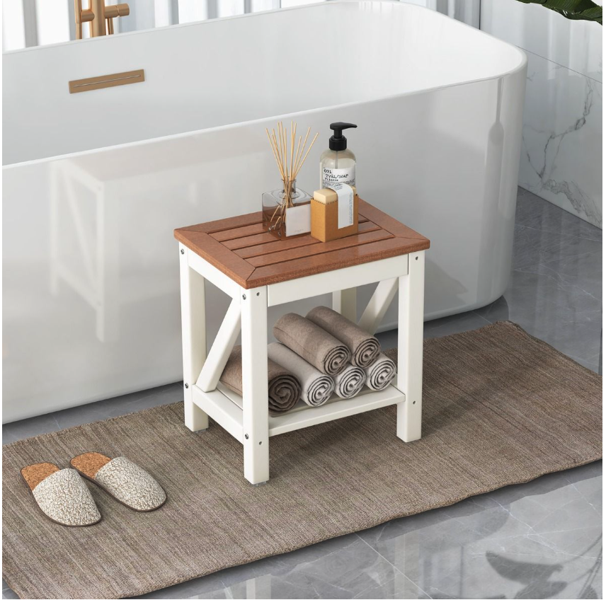 Coast - Douchebank & Badkamerbank - 43 x 32 x 47 cm - Bruin & Wit - Waterdicht Met Opbergplank - Ergonomisch Design - Voor Badkamer & Wellness