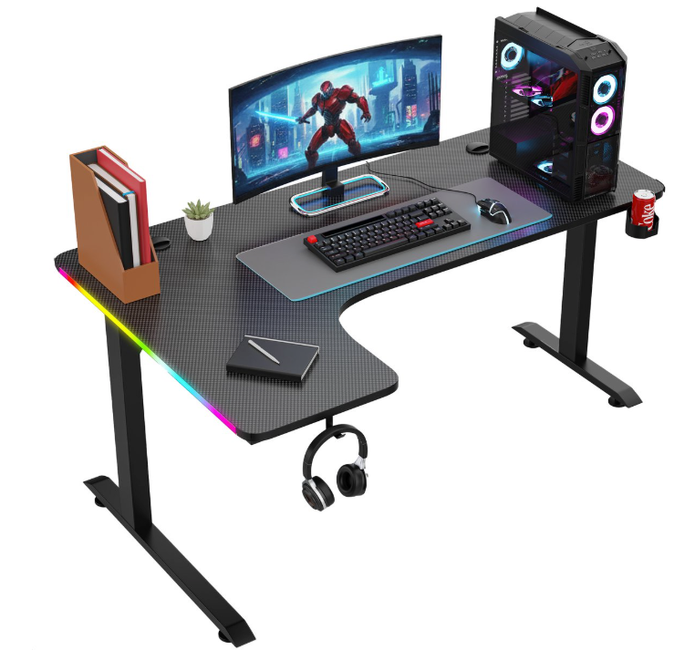 Avalo - Gaming Bureau & L-Vormig Hoekbureau - 160x100x75 cm - Met RGB LED-verlichting - Bekerhouder & Headsethaak - RVS & ABS - Zwart