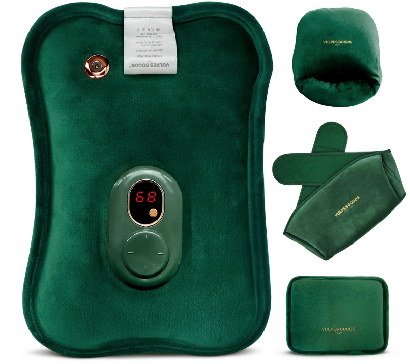 Vulpes Goods® - Elektrische Kruik - Zacht Groen Flanel - Digitaal Display - Incl. Handwarmer, Voetenwarmer & Verwarmingsband - Oplaadbaar & Draadloos - Tegen Menstruatieklachten