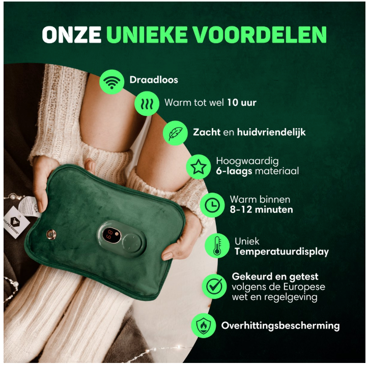 Vulpes Goods® - Elektrische Kruik - Zacht Groen Flanel - Digitaal Display - Incl. Handwarmer, Voetenwarmer & Verwarmingsband - Oplaadbaar & Draadloos - Tegen Menstruatieklachten