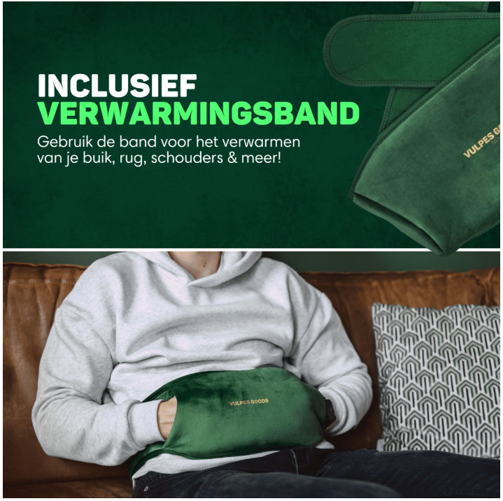 Vulpes Goods® - Elektrische Kruik - Zacht Groen Flanel - Digitaal Display - Incl. Handwarmer, Voetenwarmer & Verwarmingsband - Oplaadbaar & Draadloos - Tegen Menstruatieklachten