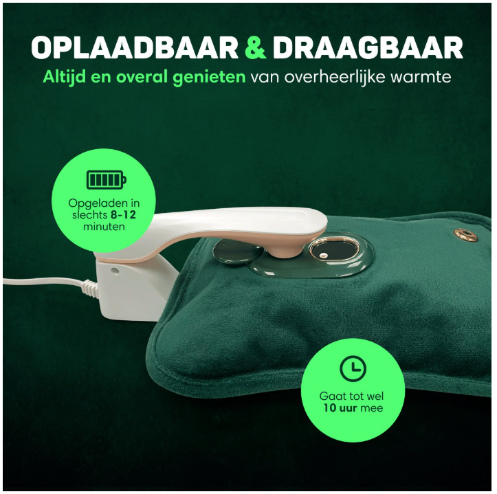 Vulpes Goods® - Elektrische Kruik - Zacht Groen Flanel - Digitaal Display - Incl. Handwarmer, Voetenwarmer & Verwarmingsband - Oplaadbaar & Draadloos - Tegen Menstruatieklachten