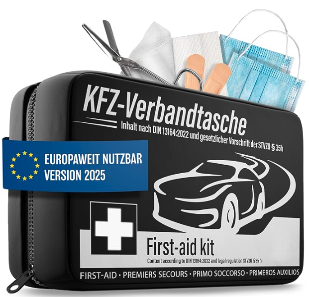 HELDENWERK - Verbandtas & EHBO-kit Auto - DIN 13164:2022 Norm - Compact - Zwart Waterafstotend Nylon - Inclusief Mondkapjes & Reddingsdeken - Voor Auto, Motor & Vrachtwagen - Verplicht in Europa