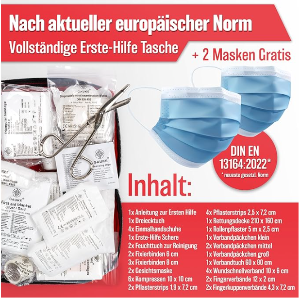 HELDENWERK - Verbandtas & EHBO-kit Auto - DIN 13164:2022 Norm - Compact - Zwart Waterafstotend Nylon - Inclusief Mondkapjes & Reddingsdeken - Voor Auto, Motor & Vrachtwagen - Verplicht in Europa