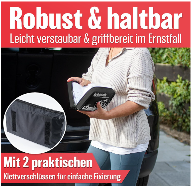 HELDENWERK - Verbandtas & EHBO-kit Auto - DIN 13164:2022 Norm - Compact - Zwart Waterafstotend Nylon - Inclusief Mondkapjes & Reddingsdeken - Voor Auto, Motor & Vrachtwagen - Verplicht in Europa
