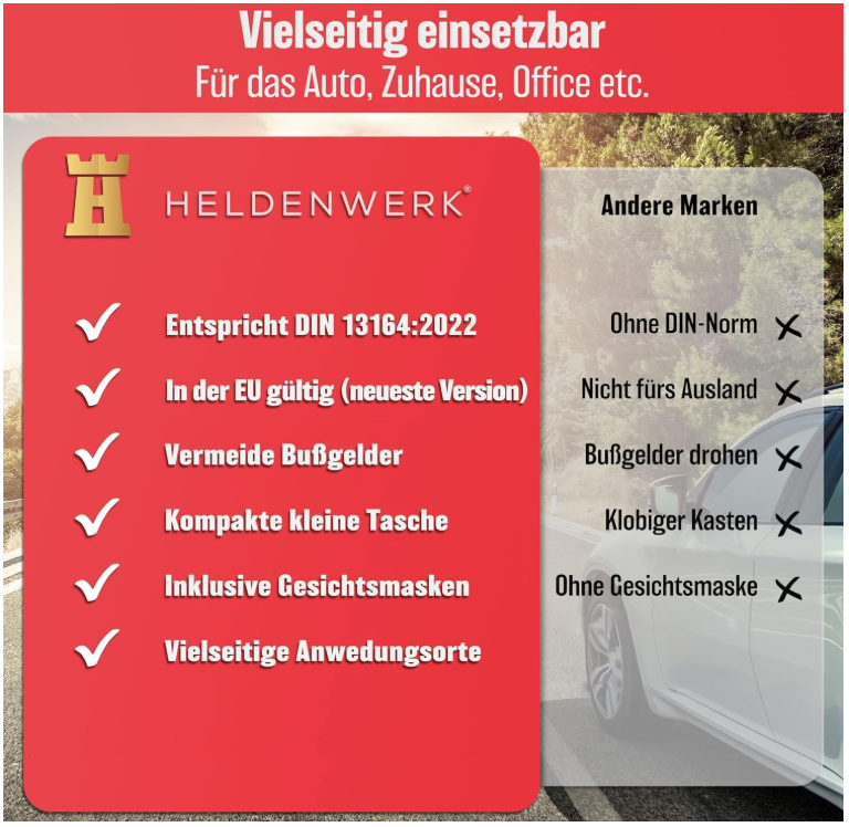 HELDENWERK - Verbandtas & EHBO-kit Auto - DIN 13164:2022 Norm - Compact - Zwart Waterafstotend Nylon - Inclusief Mondkapjes & Reddingsdeken - Voor Auto, Motor & Vrachtwagen - Verplicht in Europa