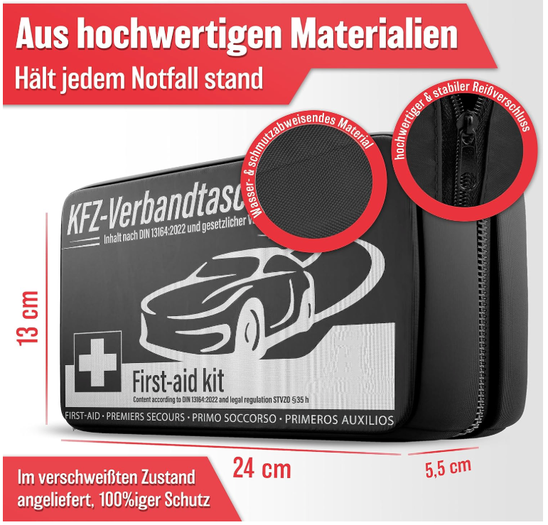 HELDENWERK - Verbandtas & EHBO-kit Auto - DIN 13164:2022 Norm - Compact - Zwart Waterafstotend Nylon - Inclusief Mondkapjes & Reddingsdeken - Voor Auto, Motor & Vrachtwagen - Verplicht in Europa