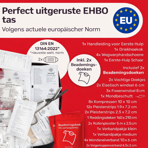HELDENWERK - Verbandtas & EHBO-kit Auto - DIN 13164:2022 Norm - Zwart Waterafstotend Nylon - Inclusief Beademingsdoekjes & Mondkapjes - Voor Auto & Motor - Compact & Veilig