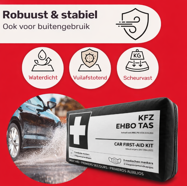 HELDENWERK - Verbandtas & EHBO-kit Auto - DIN 13164:2022 Norm - Zwart Waterafstotend Nylon - Inclusief Beademingsdoekjes & Mondkapjes - Voor Auto & Motor - Compact & Veilig