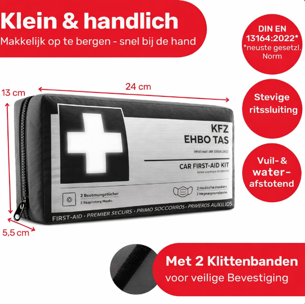 HELDENWERK - Verbandtas & EHBO-kit Auto - DIN 13164:2022 Norm - Zwart Waterafstotend Nylon - Inclusief Beademingsdoekjes & Mondkapjes - Voor Auto & Motor - Compact & Veilig