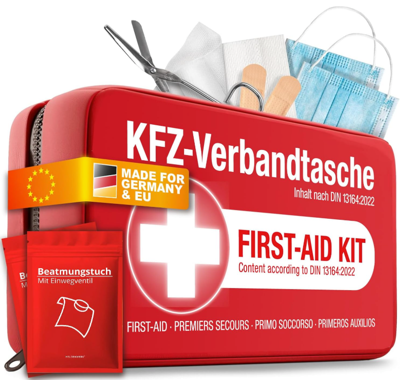 HELDENWERK - Verbanddoos & EHBO-kit Auto - DIN 13164:2022 Norm - Rood Waterafstotend Nylon - Inclusief Beademingsdoekjes & Mondkapjes - Voor Auto & Motor - Compact & Veilig