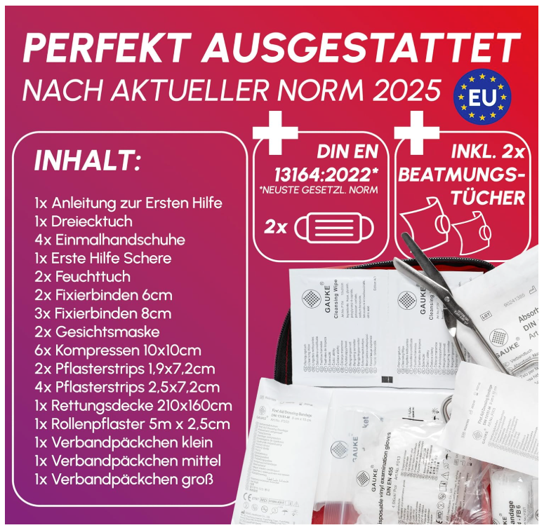 HELDENWERK - Verbanddoos & EHBO-kit Auto - DIN 13164:2022 Norm - Rood Waterafstotend Nylon - Inclusief Beademingsdoekjes & Mondkapjes - Voor Auto & Motor - Compact & Veilig