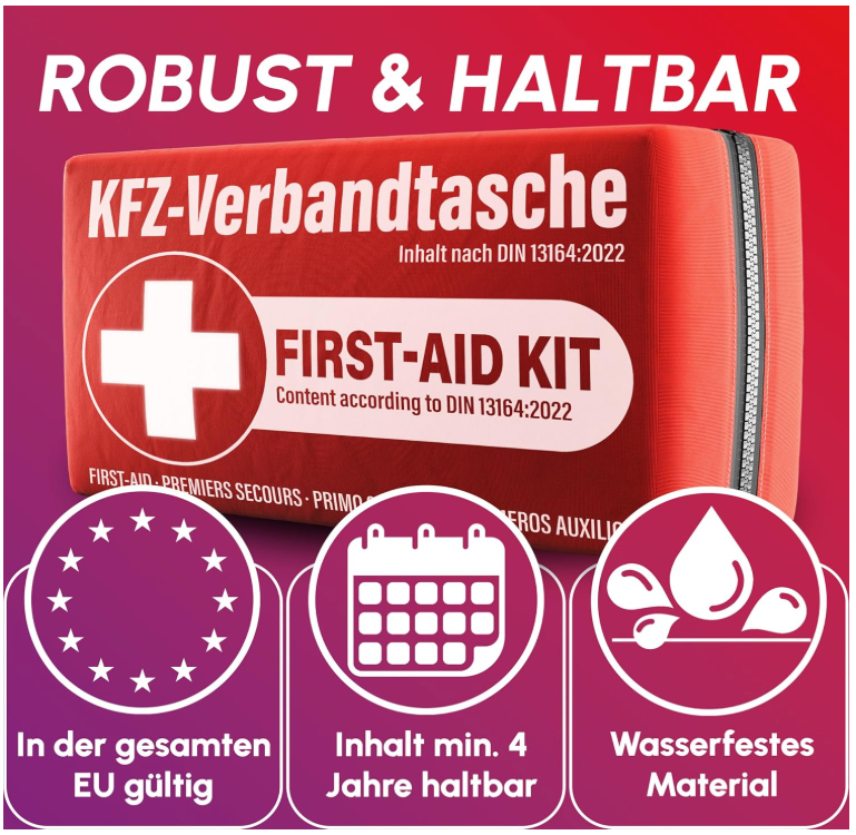 HELDENWERK - Verbanddoos & EHBO-kit Auto - DIN 13164:2022 Norm - Rood Waterafstotend Nylon - Inclusief Beademingsdoekjes & Mondkapjes - Voor Auto & Motor - Compact & Veilig