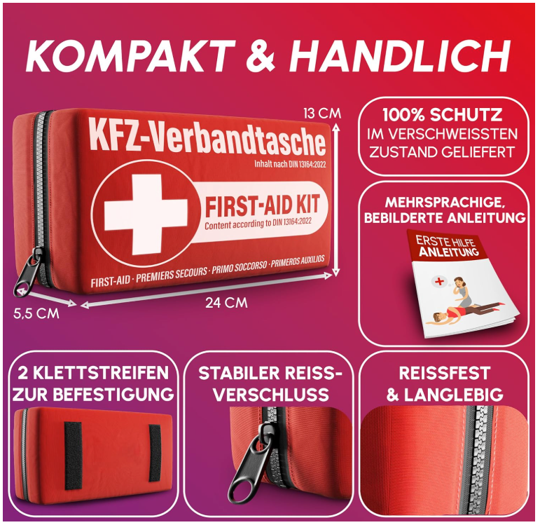 HELDENWERK - Verbanddoos & EHBO-kit Auto - DIN 13164:2022 Norm - Rood Waterafstotend Nylon - Inclusief Beademingsdoekjes & Mondkapjes - Voor Auto & Motor - Compact & Veilig