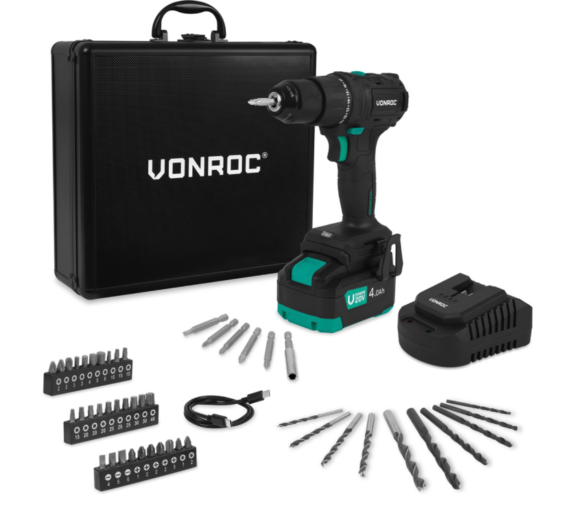 Vonroc Pro Accuboormachine 20v – 40nm - Incl. 4.0ah Accu, Snellader En 46 Accessoires In Luxe Koffer