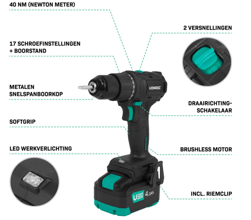 Vonroc Pro Accuboormachine 20v – 40nm - Incl. 4.0ah Accu, Snellader En 46 Accessoires In Luxe Koffer