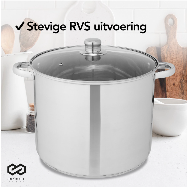 Infinity Goods Soeppan Stamppot - Glazen Deksel - 16,5L - 30 CM - Inductie Gas Keramisch - Vaatwasserbestendig - RVS