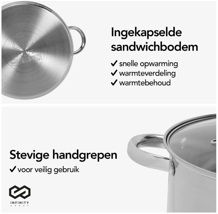 Infinity Goods Soeppan Stamppot - Glazen Deksel - 16,5L - 30 CM - Inductie Gas Keramisch - Vaatwasserbestendig - RVS